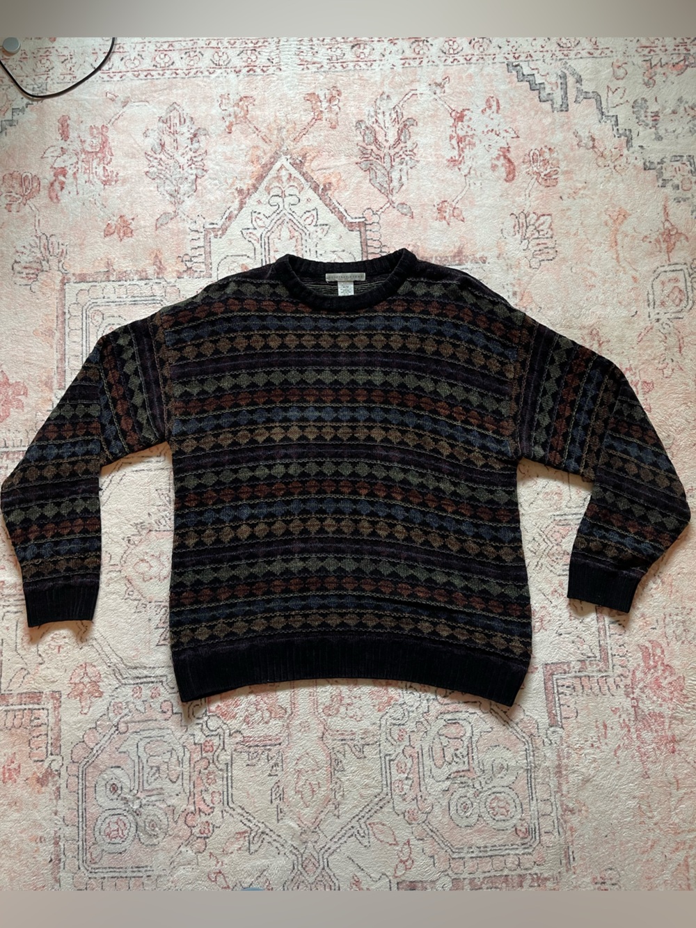 Geoffrey Beene Black Crewneck Sweater with Multicolor Fair Isle Stripes